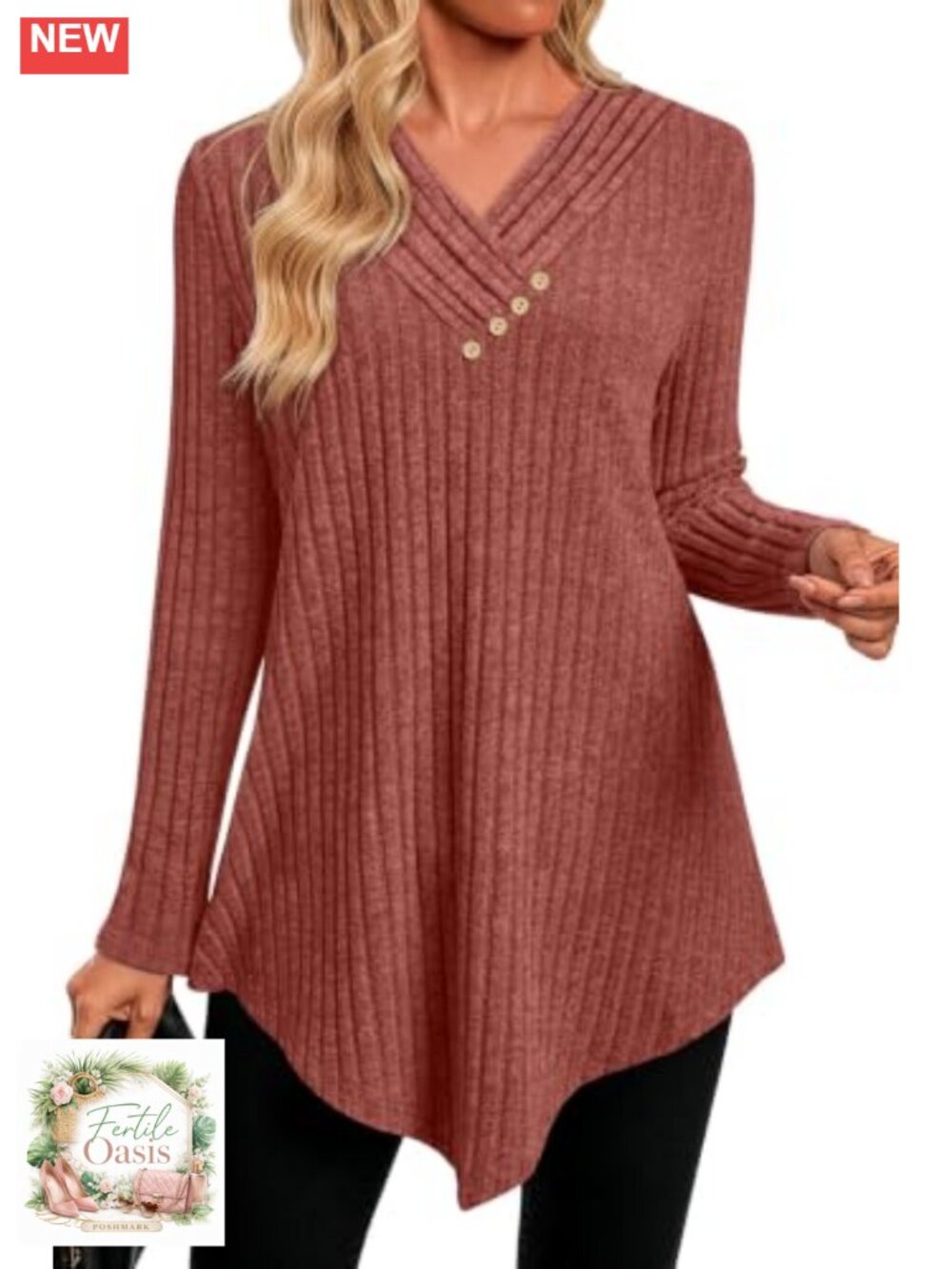 Womens V-Neck Tunic Top Long Sleeve Ribbed Knit Lightweight Flowy Shirt for